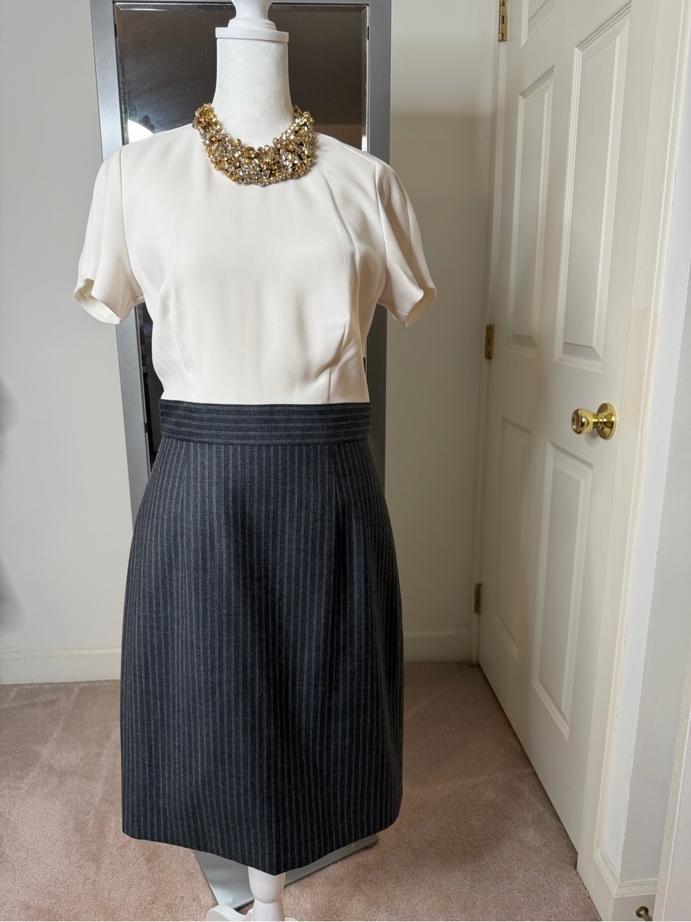 J. Crew Two-tone Cream and Charcoal Pinstripe Pencil Dress